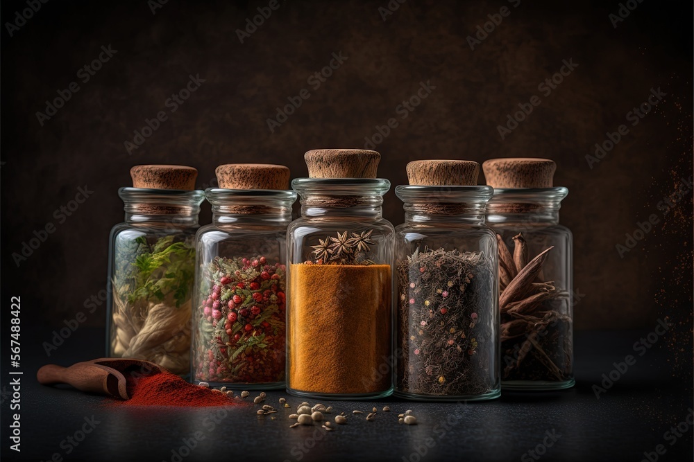 a row of glass jars filled with different types of spices and spices on top of a black table with a wooden spoon in front of them. generative ai a row of glass jars filled with different types of spices and spices on top of a black table with a wooden spoon in front of them. generative ai