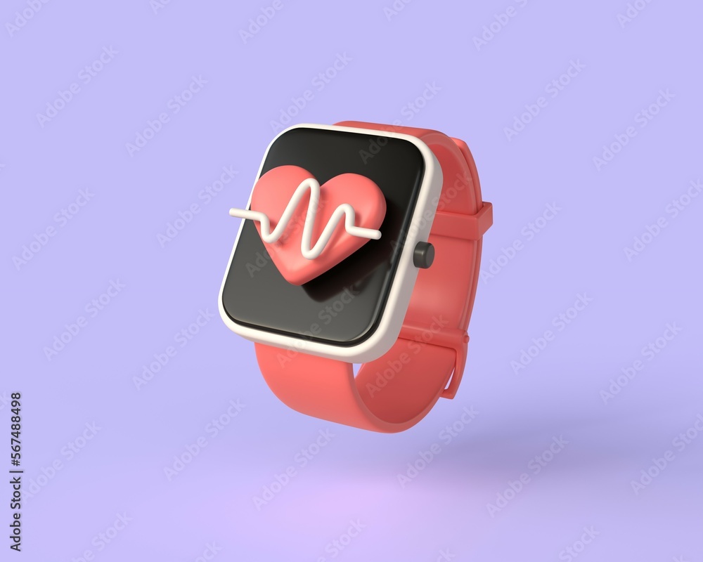 3d fitness bracelet or smart watch with heart sign and cardiogram on display in realistic style. the concept of doing sports and cardio training.illustration isolated on purple background.3d rendering - obrazy, fototapety, plakaty 