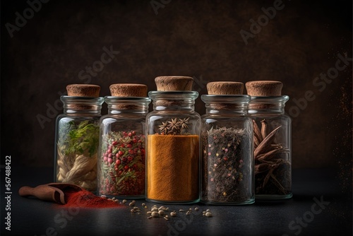  a row of glass jars filled with different types of spices and spices on top of a black table with a wooden spoon in front of them. generative ai