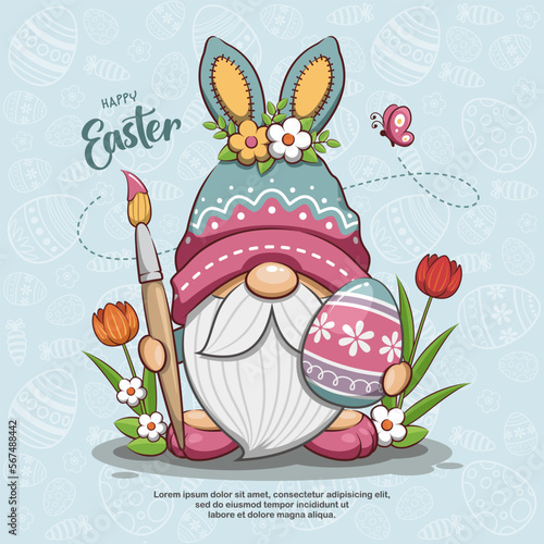 Happy Easter With Funny Gnome Is Painting Egg. Cute Cartoon Illustration