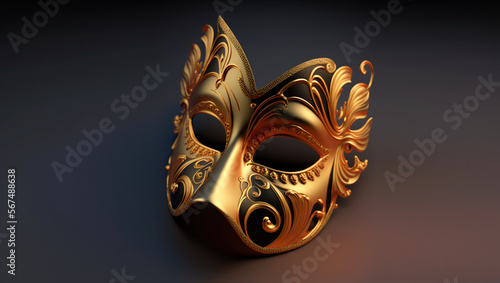 Venetian theater mask or mardi gras, golden color, Brazil carnival, black background, 3D style, photography