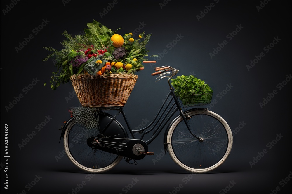  a bicycle with a basket of vegetables on the back of it's front wheel and a basket of fruit and vegetables on the back of it's front wheel.  generative ai