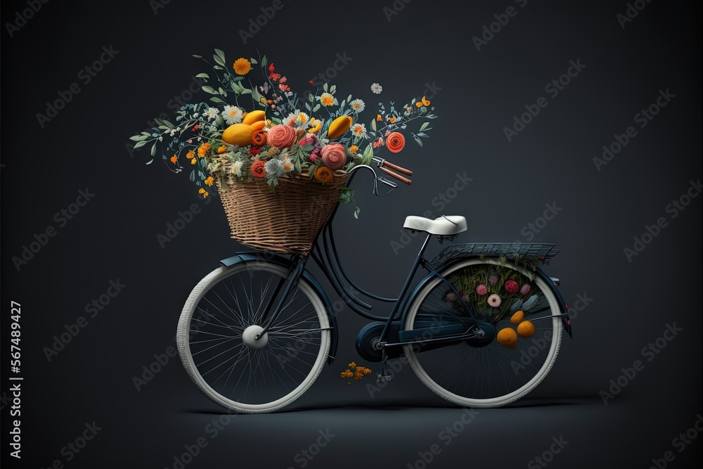  a bicycle with a basket full of flowers on the back of it's front wheel and a basket of flowers on the back of the front wheel.  generative ai