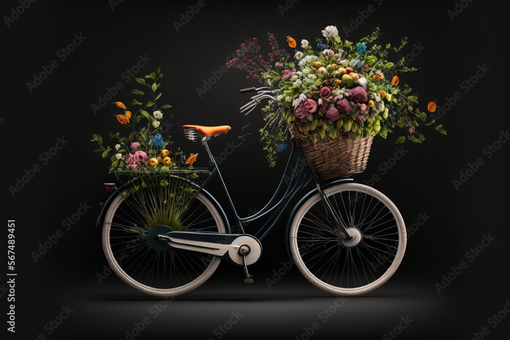  a bicycle with a basket of flowers on the back of it's front wheel and a basket of flowers on the back of it's front wheel.  generative ai