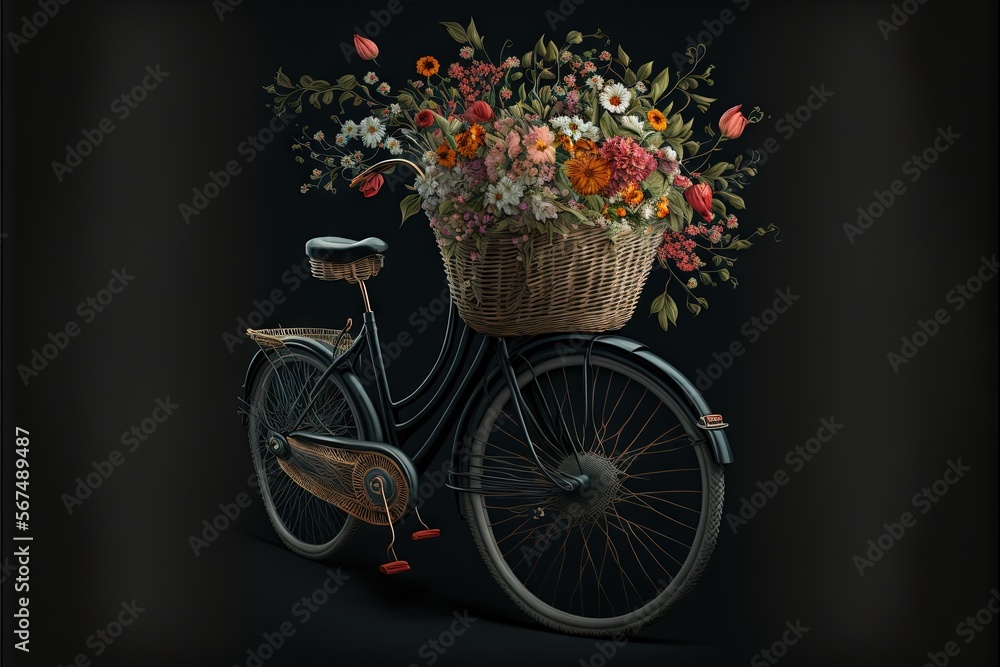  a painting of a bicycle with a basket of flowers on the back of it's front wheel and a basket of flowers on the back of the front.  generative ai