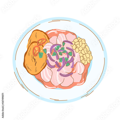 Plate with ceviche corn, sweet potato and red pepper on a white background.