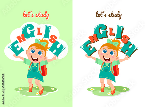 Cheerful redhead little girl with letters in her hands invites to study English