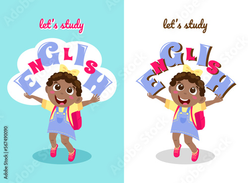 Cheerful swarthy little girl with letters in her hands on a colored and white backgrounds
