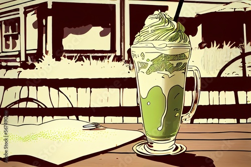 An illustration of a glass of Matcha green tea milkshake with whipped cream on a wooden table in an outdoor coffee shop setting. Generative AI © Pixel Matrix