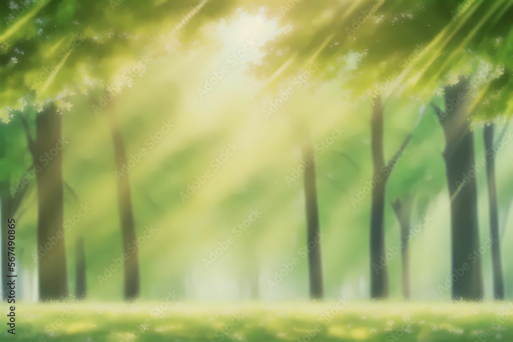 Natural green defocused spring summer blurred background with sunshine - anime style