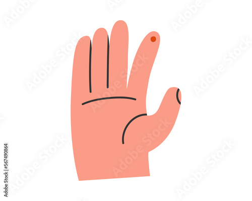 Hand drawn cute illustration of hand with blood drop on finger. Flat vector finger prick blood test in simple colored doodle style. Medicine, lab sticker, icon or print. Isolated on white background.