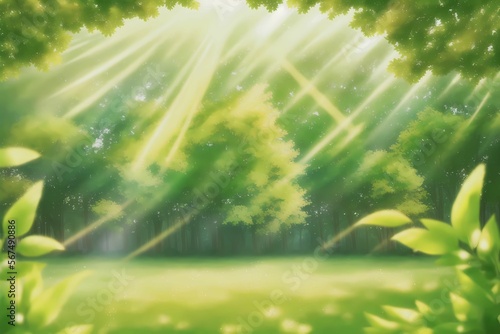 Natural green defocused spring summer blurred background with sunshine - anime style © waldir