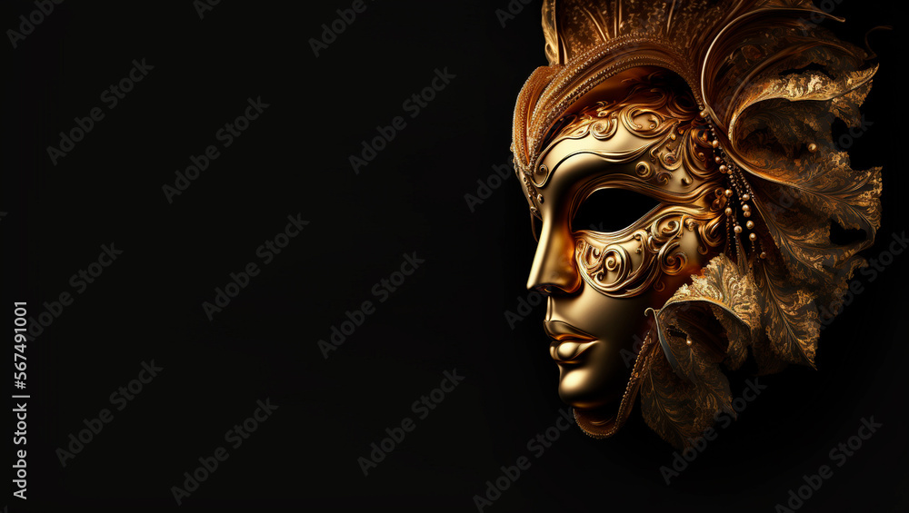 Venetian theater mask or mardi gras, golden color, Brazil carnival, black background, 3D style, photography, 06