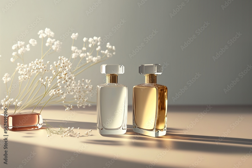 Fresh spring romantic image, stylish transparent glass perfume bottles. Stylish parfumerie banner. Generative AI. - obrazy, fototapety, plakaty 