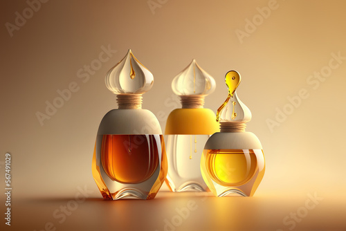 Collection of transparent multi color glass perfume bottles on a light simple background. Art composition of very sweet gourmand warm scents. Stylish parfumerie banner. Generative AI. photo