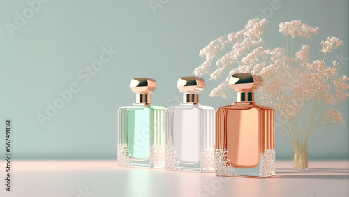 Obraz na płótnie Fresh spring romantic image, stylish transparent glass perfume bottles