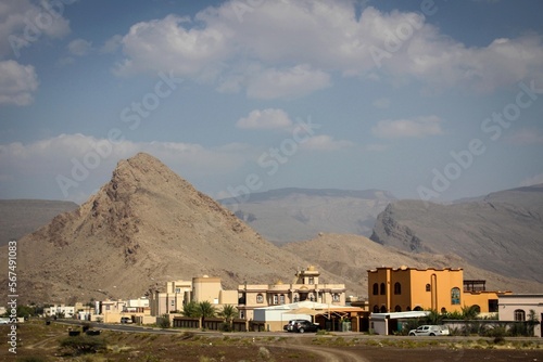 Road view when heading to Jebel Akhdar, Hajar mountains with villages and mosques, Oman