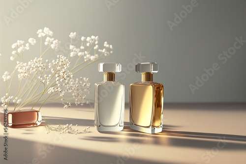 Fotografia Fresh spring romantic image, stylish transparent glass perfume bottles