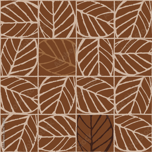Seamless pattern with elm tree branches and leaves in dark earth tones on beige background for surface design and other design projects. Realistic line art