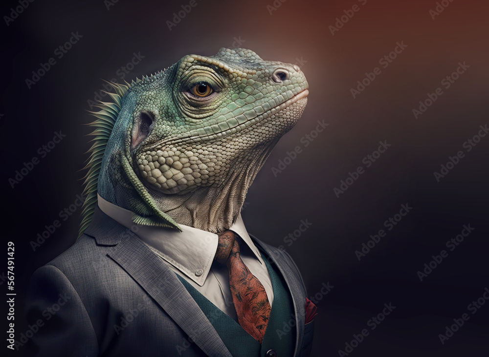 Portrait of a iguana dressed in a formal business suit, generative ai