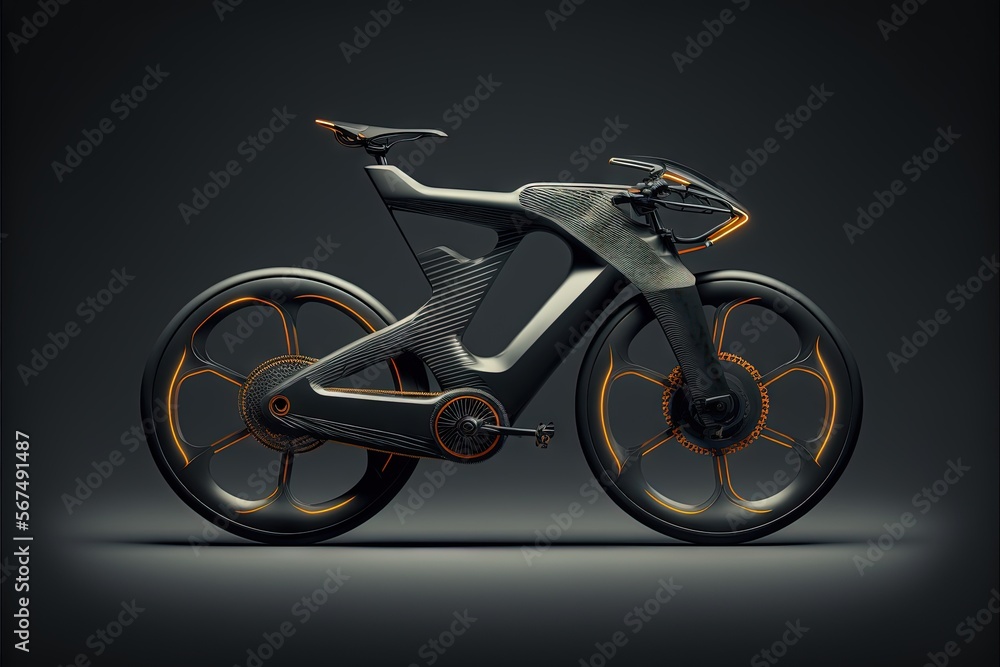 Fototapeta premium a futuristic bike with orange spokes on a black background with a black background and a gray background with a black background and a white background with orange and yellow stripe. generative ai