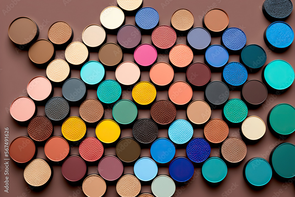 Stylish fashion eyeshadows makeup arrangement colorful pattern background. Generative AI Stylish fashion eyeshadows makeup arrangement colorful pattern background. Generative AI