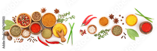 mix of spices in wooden bowl isolated on a white background. Top view. Flat lay. Set or collection