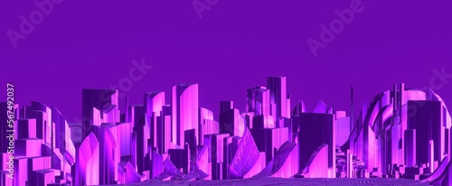 Purple futuristic synthwave metropolis background. Cityscape with 3d render of vaporwave skyscrapers and architectural buildings in retro abstract style. Panorama banner of cyber city 80s