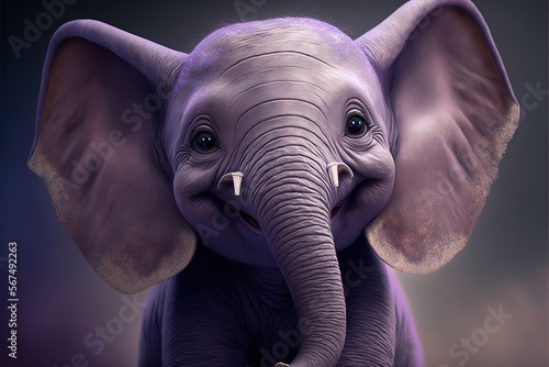  a purple elephant with big ears standing in front of a dark background with clouds and a sky in the background with a few clouds and a few clouds.  generative ai