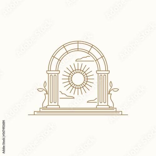 boho arch logo design element. mystic sun doorway logo, antique arch architecture entrance and stairway icon contemporary aesthetic boho style