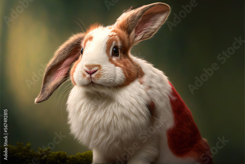  a brown and white rabbit with a red and white stripe on its face and ears, sitting on a mossy surface with a green background. generative ai