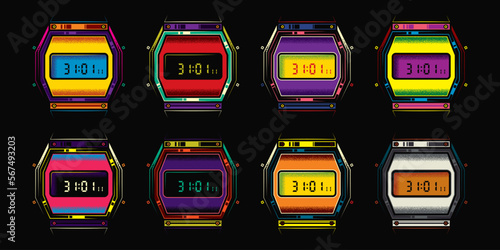 Original vector collection in vintage style. Old electronic wristwatch with alarm clock and flashlight in retro style. T-shirt design. A design element.