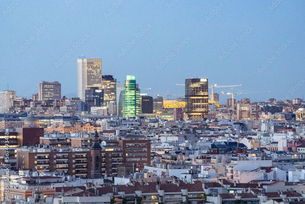 Madrid, Spain. April 6, 2022: Panoramic landscape at night from the Riu Plaza hotel. Madrid, Spain. April 6, 2022: Panoramic landscape at night from the Riu Plaza hotel.