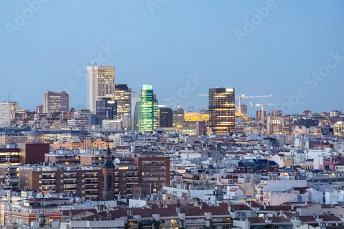 Madrid, Spain. April 6, 2022: Panoramic landscape at night from the Riu Plaza hotel.