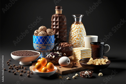 Table with Variety of Chocolates and Nougats Products over Black Background Illustration, Generative AI photo