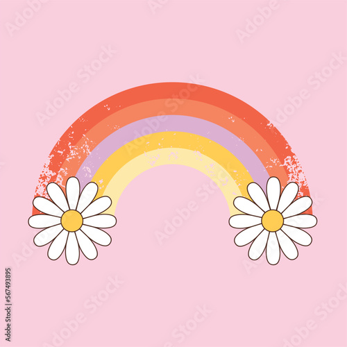 Retro 70s groovy rainbow with flowers. Vector positive illustration for peace, hippy, pacifism concept.