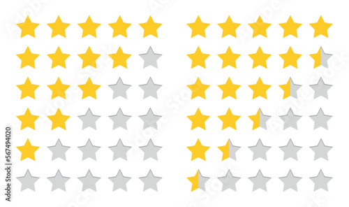 Product rating or customer review with gold stars and half star flat vector icons for apps and websites 10 eps.
