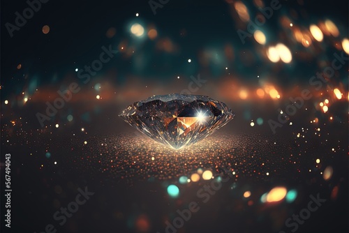  a diamond surrounded by gold dust on a black background with a blurry light around it and a star in the middle of the image. generative ai