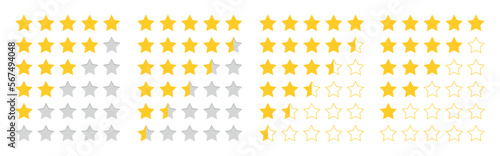 Product rating or customer review with gold stars and half star flat vector icons for apps and websites. Big set stars 10 eps.