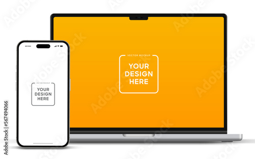 Modern laptop mockup front view and smartphone mockup high quality isolated on white background. Notebook mockup and phone device mockup for ui ux app and website presentation Stock Vector.