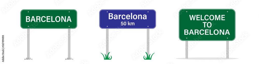Barcelona road sign. Welcome to Barcelona. Billboard on the road. The city is near. Vector image Barcelona road sign. Welcome to Barcelona. Billboard on the road. The city is near. Vector image