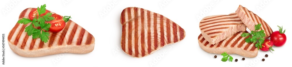 Tuna fish steak grilled isolated on white background with full depth of field, Top view. Flat lay. Set or collection Tuna fish steak grilled isolated on white background with full depth of field, Top view. Flat lay. Set or collection