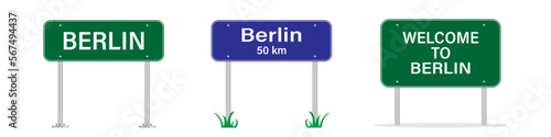 Berlin road sign. Welocme to Berlin in Germany. The billboard with a city name. Vector image photo