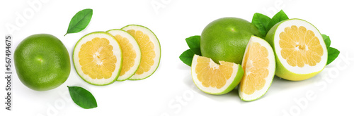 Billede på lærred Citrus Sweetie or Pomelit, oroblanco with slices and leaf isolated on white background close-up