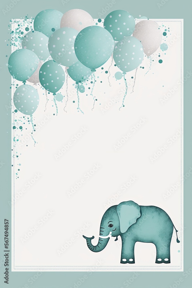 baby shower invitation in aqua watercolor with an elephant balloons confetti, AI assisted finalized in Photoshop by me