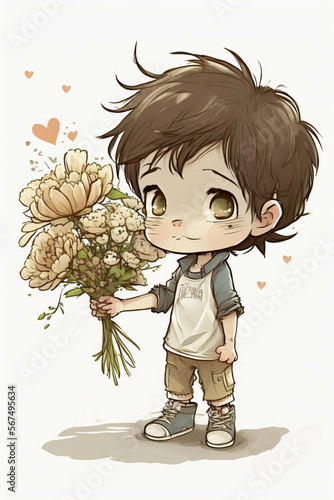 à la Saint-Valentin, un petit garçon attend son amoureuse avec des un bouquet de fleurs, dessin aquarelle kawaii, IA générative