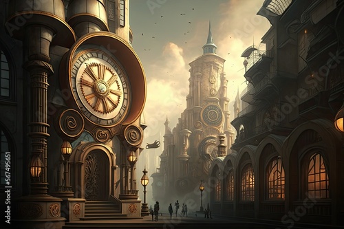 Steampunk industrial cityscape background, background landscape, clocks, ai