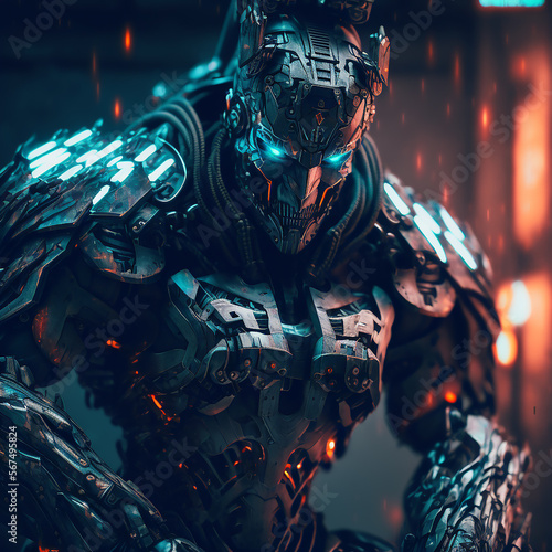 Super detailed armored cyborg with blue glowing eyes. Generative AI