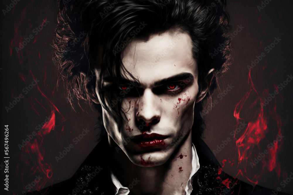 A portrait of an attractive vampire with red eyes who is covered in blood. Created with Generative AI, no one recognisable. Not a real person. - obrazy, fototapety, plakaty 