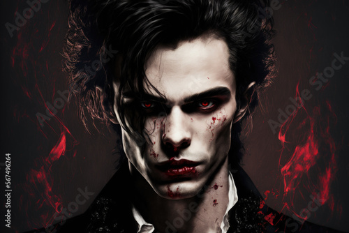 A portrait of an attractive vampire with red eyes who is covered in blood. Created with Generative AI, no one recognisable. Not a real person. photo